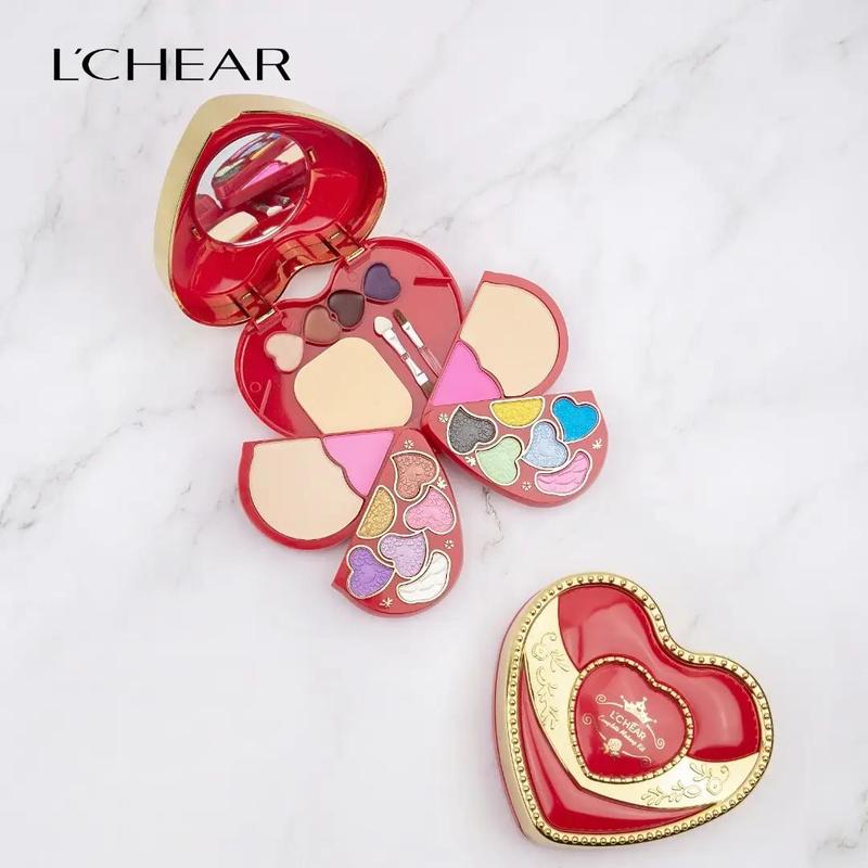 Professional Cute Heart Shaped Glitter Makeup Kit Palette with Makeup Brushes & Mirror for Women, All in One Blendable Makeup Powder Palettes Travel Kits