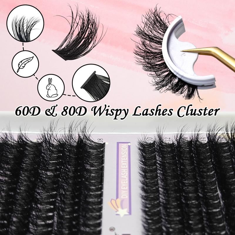 Fluffy Lashes Clusters Extension Kit 60D+80D Volume Clusters 273pcs 10-18mm Cluster Lashes with Bond&Seal,Glue Remover and Lash Tweezers DIY Eyelash Extension Kit at Home