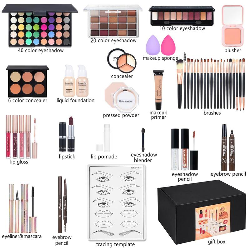 All in One Makeup Kit Makeup Kit for Women Full Kit Multipurpose Makeup ,eyeshadow? liquid foundation,Loose powder,Eyebrow pencil,4-color lip gloss set