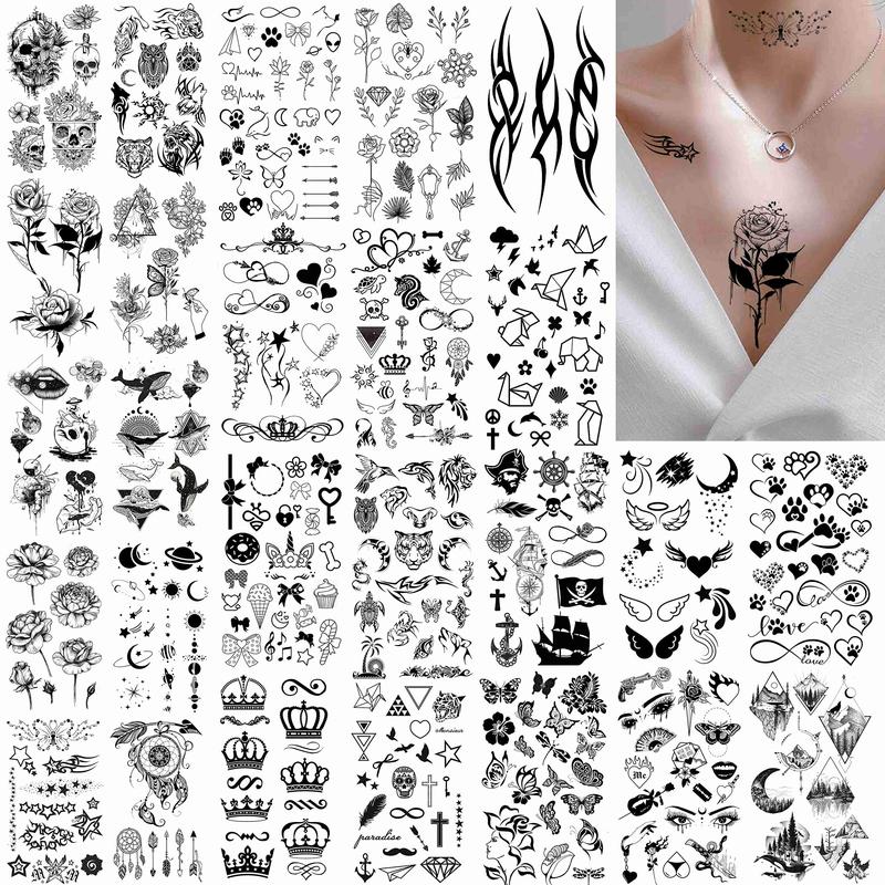 52pcs Creative Black Small Crown Infinity Triangle Fake Tattoos Men and Women Realistic Star Letter Tattoo Temporary Waterproof Arm Hand Face Finger Neck Tattoo Stickers Flower  Halloween