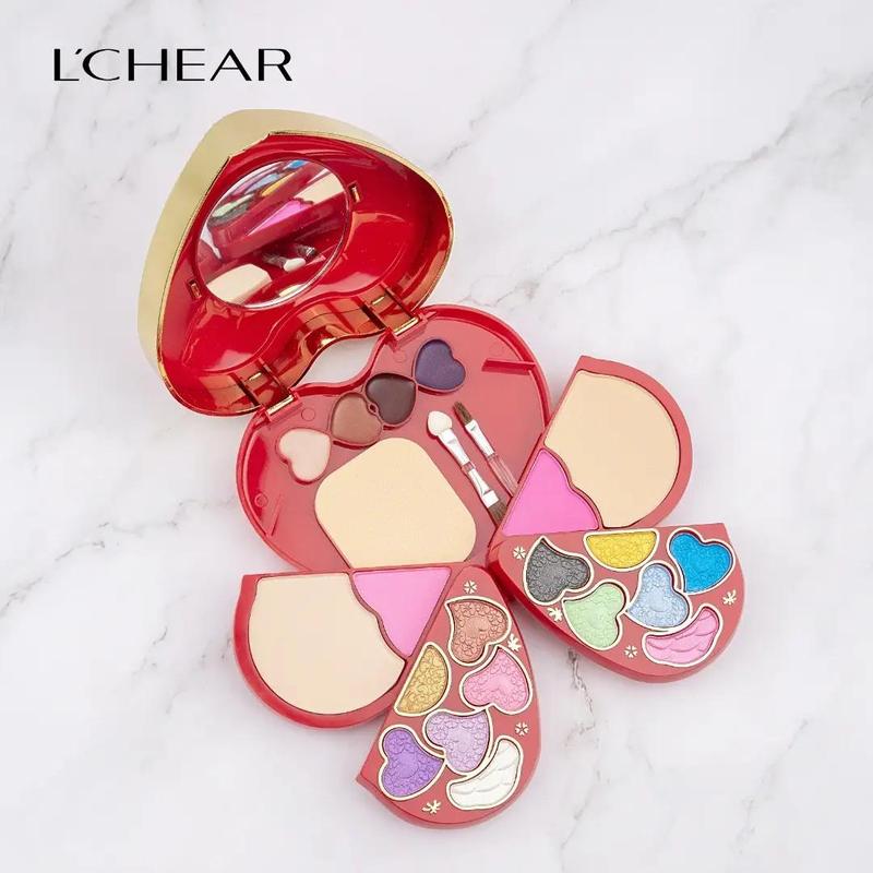 Professional Cute Heart Shaped Glitter Makeup Kit Palette with Makeup Brushes & Mirror for Women, All in One Blendable Makeup Powder Palettes Travel Kits