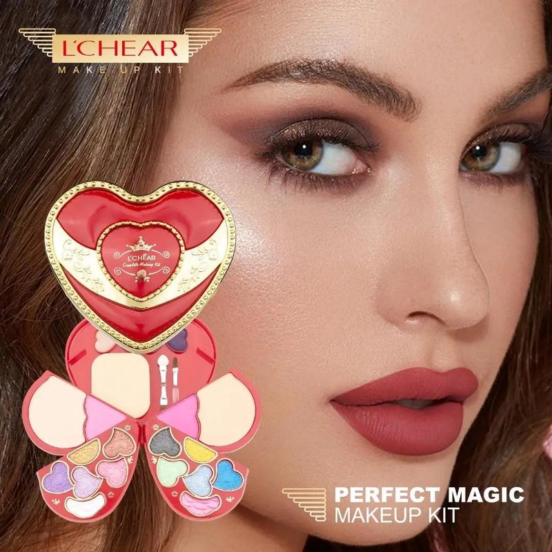 Professional Cute Heart Shaped Glitter Makeup Kit Palette with Makeup Brushes & Mirror for Women, All in One Blendable Makeup Powder Palettes Travel Kits