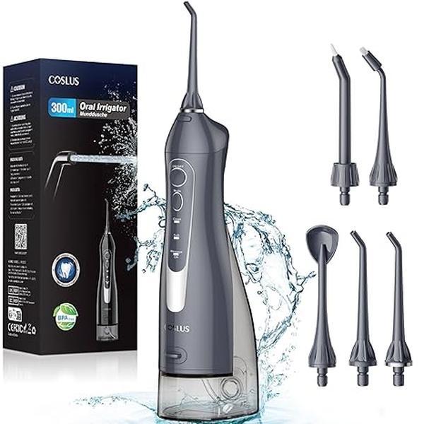 COSLUS Water Dental Flosser:   5 replaceable nozzles, 300ML Tank, 3 Modes, 30-Day Battery, IPX7 Waterproof, Dual-Thread Stream，1400-1800 PPM, Gift