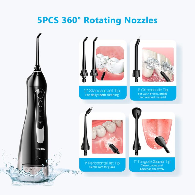 COSLUS Water Dental Flosser:   5 replaceable nozzles, 300ML Tank, 3 Modes, 30-Day Battery, IPX7 Waterproof, Dual-Thread Stream，1400-1800 PPM, Gift