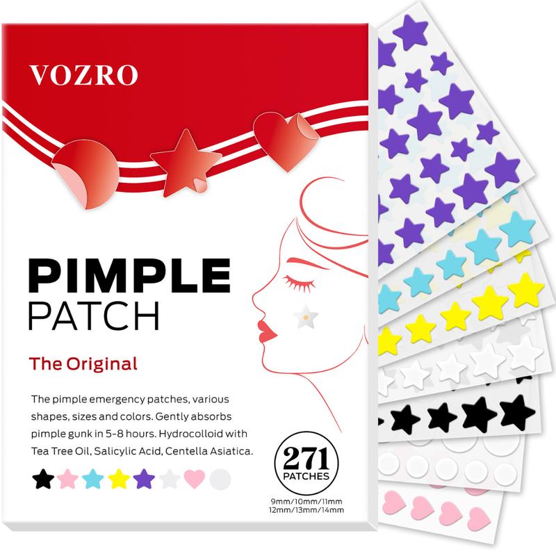 VOZRO Pimple Patches, Colorful Hydrocolloid Acne Patches for Face, Cute Star Pimple Patches with Salicylic Acid, Tea Tree & Centella Oil (Round,Star,Peach Shapes| 6 Sizes| 271 Count) Skincare Clear Zit Skin Repair Gentle Pack Peel Redness Sensitive Sheet