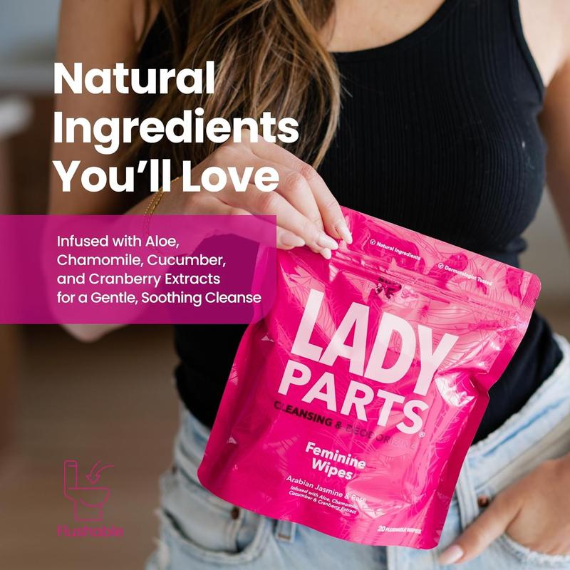 Lady Parts Feminine Wipes - Flushable Wet Wipe - pH Optimized for Privates, Body, Booty, & Face - Stay Fresh & Clean - 20 Wipes Gentle Arabian