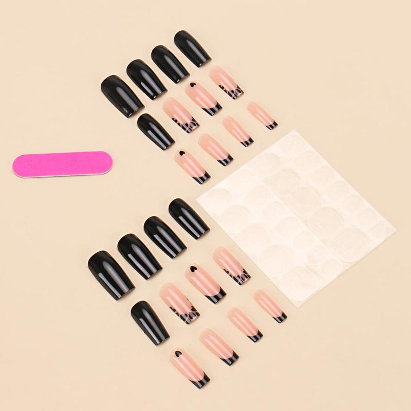 Heart Pattern Short Square Fake Nail Kit, 24pcs French Style Press on Nails for Women & Girls DIY Nail Art, Elegant Stick on Nails Kit