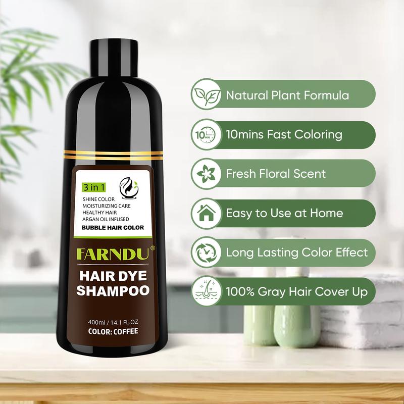 FARNDU-Hair Color Shampoo, Hair dye, Various Colors Available, 10 Mins Hair Color, Fruity aroma, 3-In-1 Gray Hair Coverage–Plant extracts-Long Lasting–Ammonia-Free Haircare Oil ,Argan Oil Scent Bowl (400 mL), Coffee, Great Gift Choice