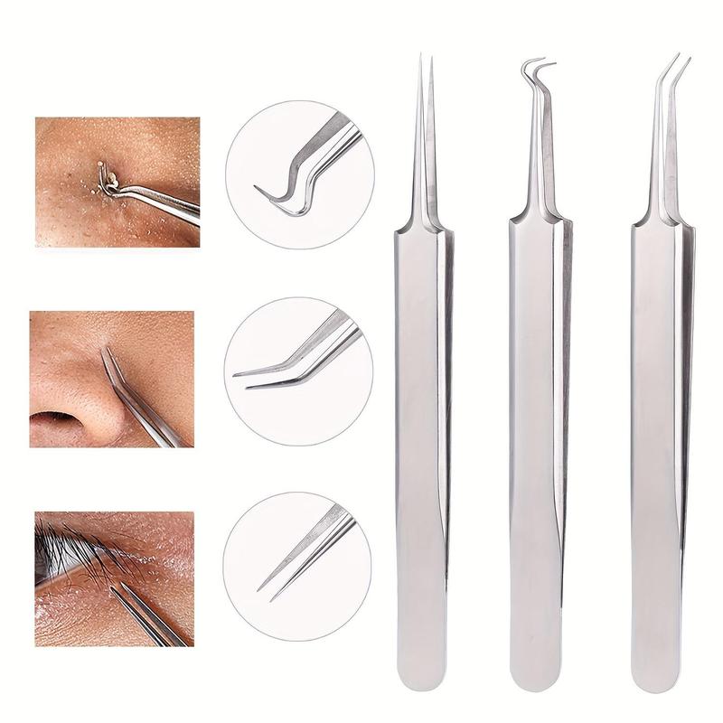 Stainless Steel Blackhead Tweezer Set, 3 Counts Pimple Tweezers Extractor Tool for Remove Blackhead, Whitehead, Acne, Blemishes, Bend Curved Tweezer Skin Blackhead Cleaning Tools