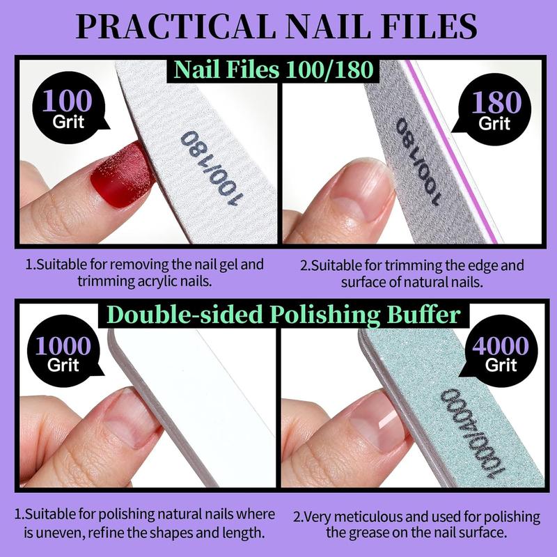 Manicure and Pedicure Tools Kit, Manicure Kit, Nail Files 100 180, Nail Buffer Block, Nail Cuticle Nippers, Cuticle Pusher, Cuticle Peeler, Ingrown Toenail Tool, Toenail File, Purple