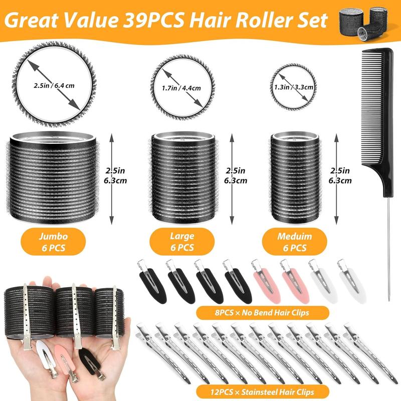 39 count Self Grip Curlers 3 Sizes - Black 2.5in, 1.9in, 1.4in Rollers with Duckbill Clips for Long, Medium, Short, Thick, Fine Hair Volume and Bangs