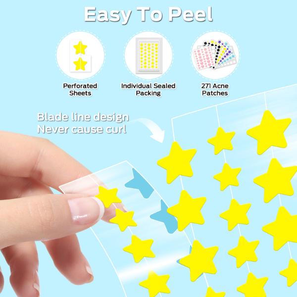 VOZRO Pimple Patches, Colorful Hydrocolloid Acne Patches for Face, Cute Star Pimple Patches with Salicylic Acid, Tea Tree & Centella Oil (Round,Star,Peach Shapes| 6 Sizes| 271 Count) Skincare Clear Zit Skin Repair Gentle Pack Peel Redness Sensitive Sheet