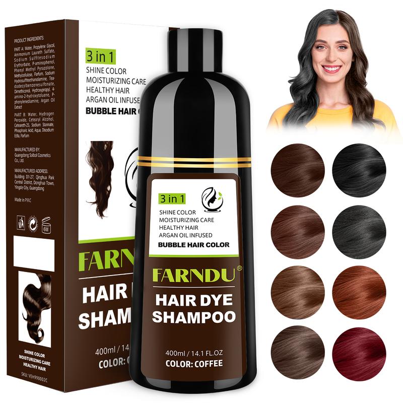 FARNDU-Hair Color Shampoo, Hair dye, Various Colors Available, 10 Mins Hair Color, Fruity aroma, 3-In-1 Gray Hair Coverage–Plant extracts-Long Lasting–Ammonia-Free Haircare Oil ,Argan Oil Scent Bowl (400 mL), Coffee, Great Gift Choice