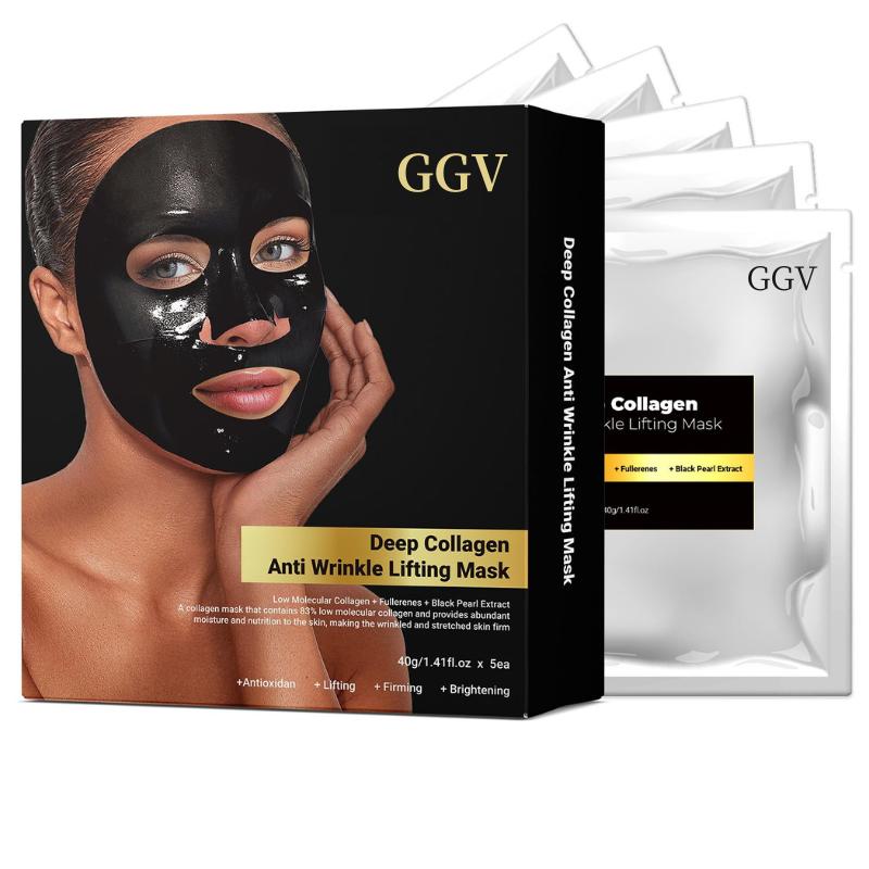 GGV Collagen Face Mask Skin Care Beauty Deep Collagen Night Mask Contains Low Molecular Weight Collagen, Black Pearls, Fullerenes, Whitening Antioxidant, Elasticity, Firming and Moisture,5PCS