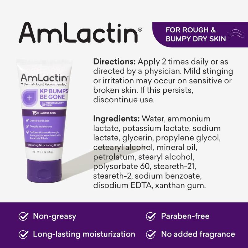 AmLactin KP Bumps Be Gone - 3 oz Keratosis Pilaris Moisturizing Cream with Lactic Acid - Exfoliator and Moisturizer for Dry  Lotions