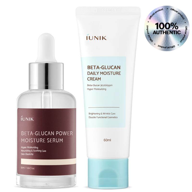 IUNIK Supercharged Hydration Skincare Set - Official Product Beta Glucan Power Moisture Serum (1.69 fl oz) + Beta Glucan Moisture Cream (2.02 fl oz)