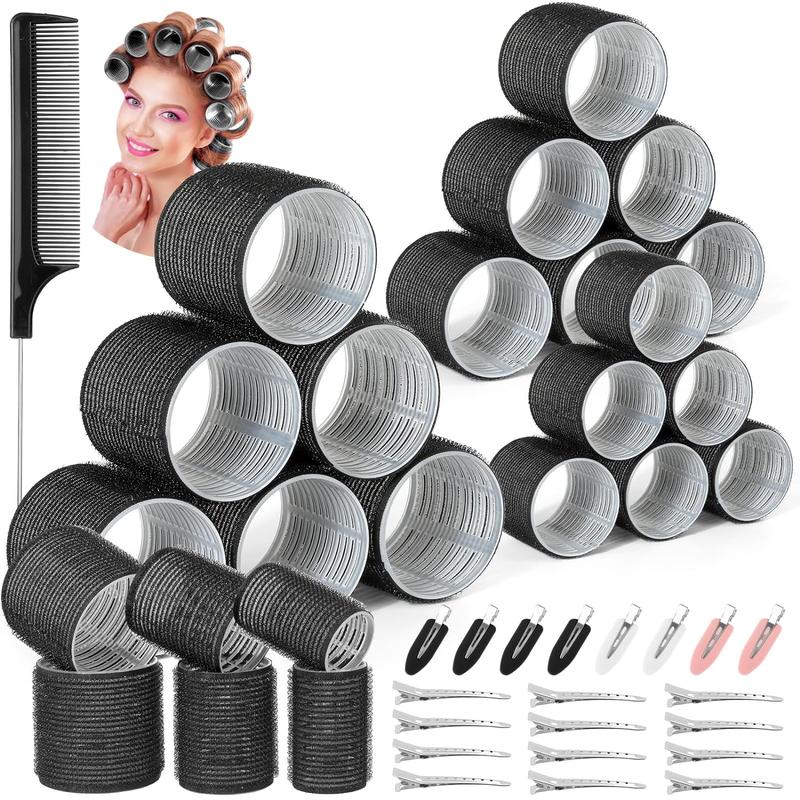 39 count Self Grip Curlers 3 Sizes - Black 2.5in, 1.9in, 1.4in Rollers with Duckbill Clips for Long, Medium, Short, Thick, Fine Hair Volume and Bangs