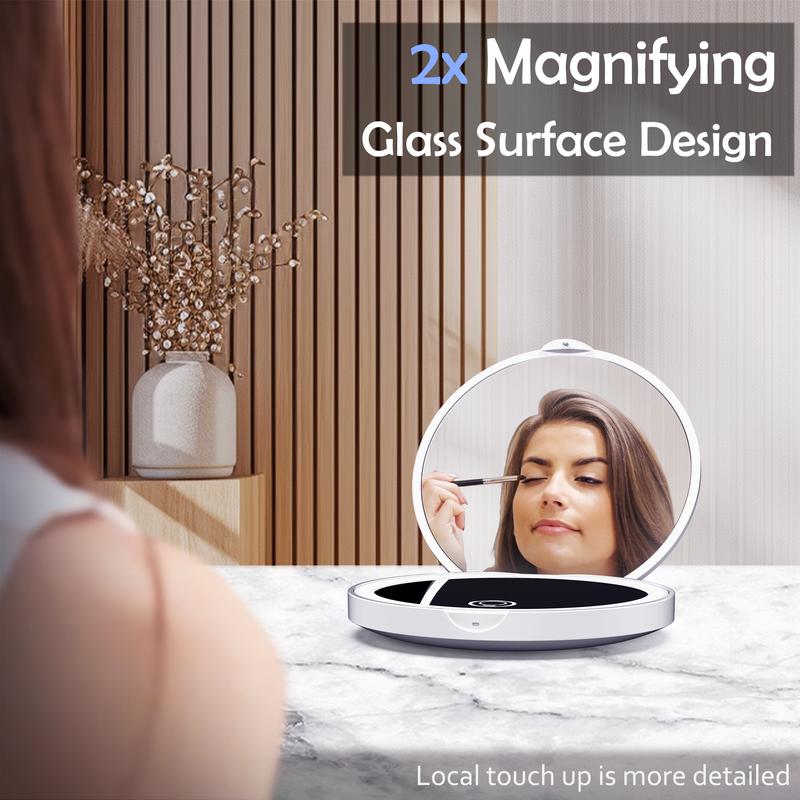 Makeup Mirror with Light, 1X 2X Magnification Circle Mirror, Brightness Adjustable LED Compact Mirror, Portable, Folding,Mini Mirror for Purse, Pocket,Travel and Gift Brightening