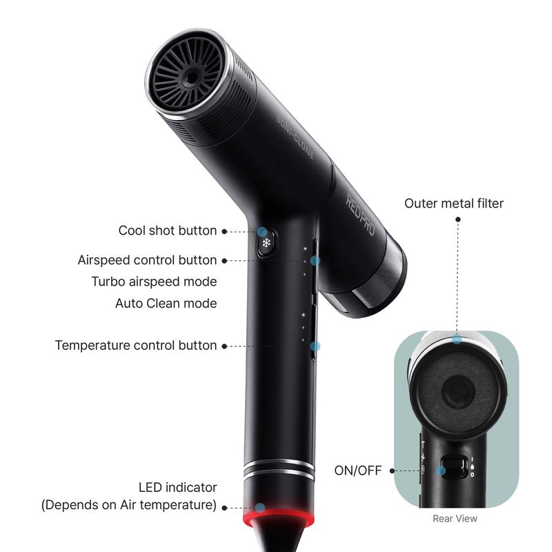 RED Pro Hair Dryer High Speed 110,000 RPM Strong Air Flow for Fast Drying, Lightweight Luxury Pouch, Magnetic Nozzle Hair Pik, Diffuser & Concentrator