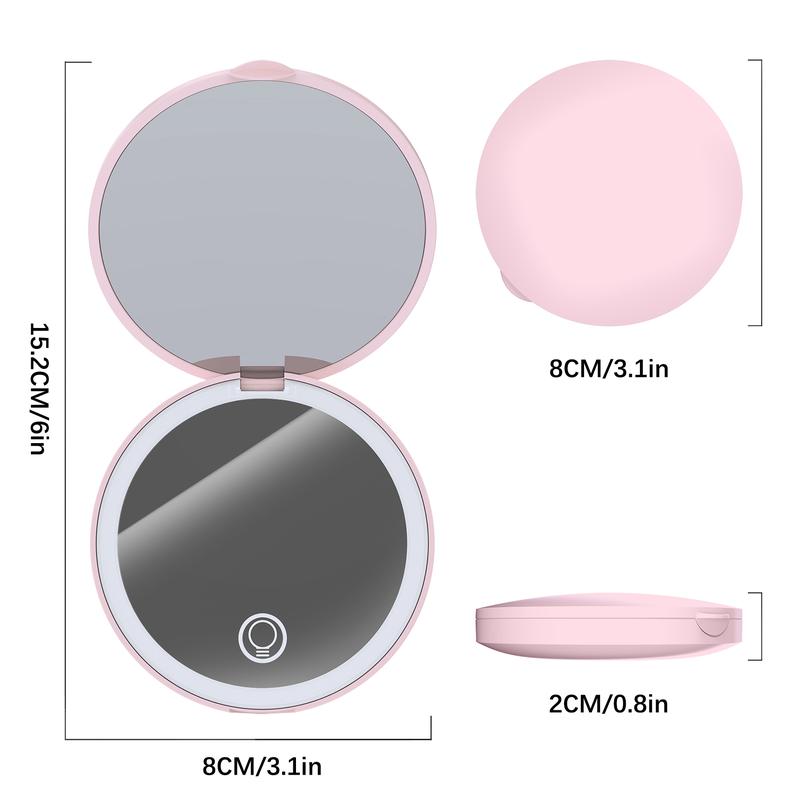 Makeup Mirror with Light, 1X 2X Magnification Circle Mirror, Brightness Adjustable LED Compact Mirror, Portable, Folding,Mini Mirror for Purse, Pocket,Travel and Gift Brightening