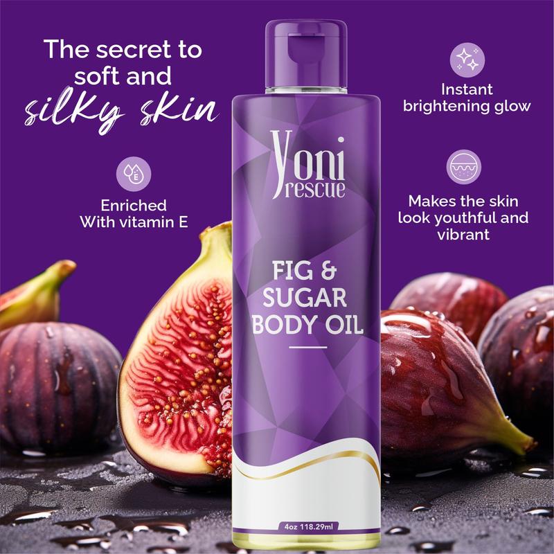 Fig & Sugar Body Oil, 4oz, with Apricot, Jojoba, Avocado Oils & Vitamin E Oil, Fast-Absorbing, Nourishes and Hydrates Skin, Skin Repair, Body Care, Ideal for All Skin Types,  Fig Fragrance Moisturizer by Yoni Rescue body oil