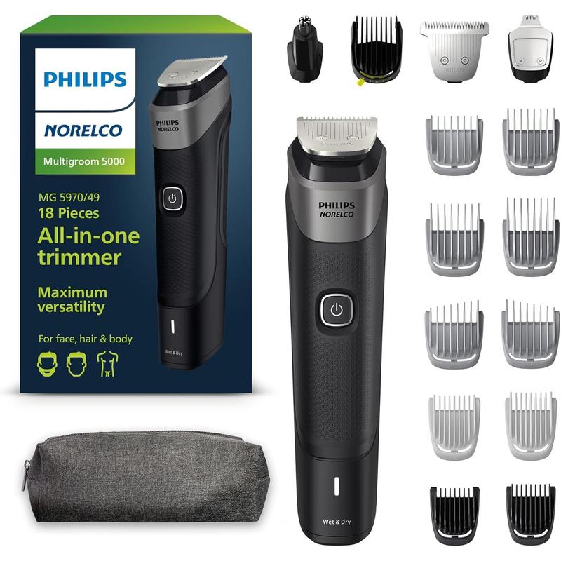 Philips Norelco Multigroom 5000 Series, All-in-One Shaver, Beard Trimmer and Hair Clipper, 18-Piece Men's Grooming Kit for Beard, Face, Nose, Ear and Body, Toiletry Bag, Model MG5970 49