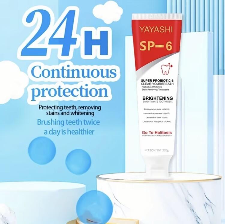 SP-6 Probiotic Toothpaste: Enhanced formula balances the oral microbiome to remove stains and provide long-lasting fresh breath.