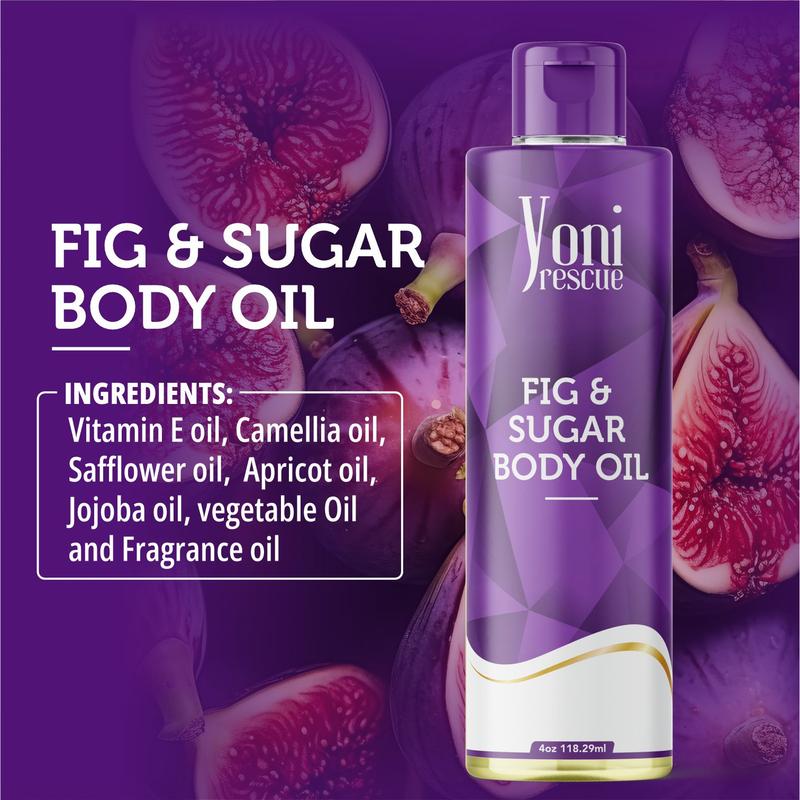 Fig & Sugar Body Oil, 4oz, with Apricot, Jojoba, Avocado Oils & Vitamin E Oil, Fast-Absorbing, Nourishes and Hydrates Skin, Skin Repair, Body Care, Ideal for All Skin Types,  Fig Fragrance Moisturizer by Yoni Rescue body oil