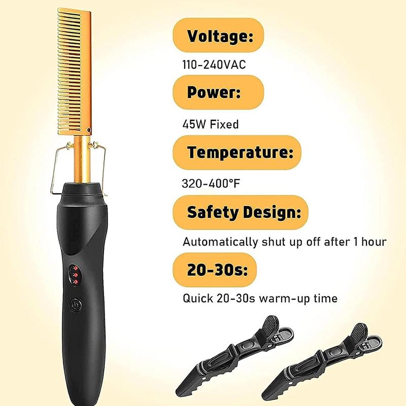 Electric Hot Comb Hair Straightener for Natural Black Hair and Wigs - Safe Pressing Comb with Curling Iron, Wig Glue, and Wax Stick Kit