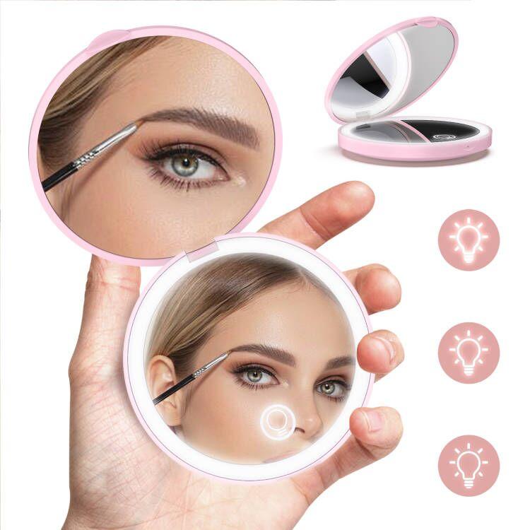 Makeup Mirror with Light, 1X 2X Magnification Circle Mirror, Brightness Adjustable LED Compact Mirror, Portable, Folding,Mini Mirror for Purse, Pocket,Travel and Gift Brightening