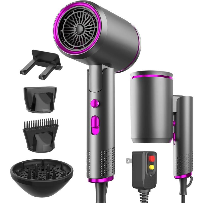 Portable Ionic Hair Dryer, Foldable Handle Hair Dryer,1600W Blow Dryer with Diffuser Concentrator Comb Nozzle,Intelligent Temperature Control,Low Noise for Home Salon Travel (Grey)