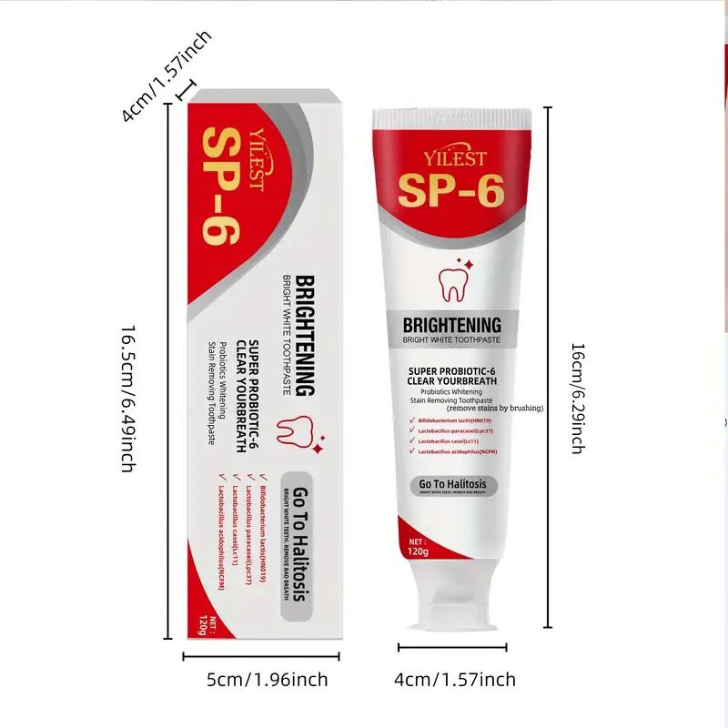 SP-6 Probiotic Toothpaste: Enhanced formula balances the oral microbiome to remove stains and provide long-lasting fresh breath.