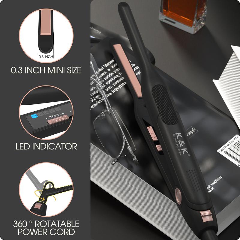 K&K Mini Flat Iron for Short Hair 3 10 inch Small Hair Straightener for Pixie & Beard creamic Flat Iron for Women Dual Voltage, Auto Shut Off Flawless Handle