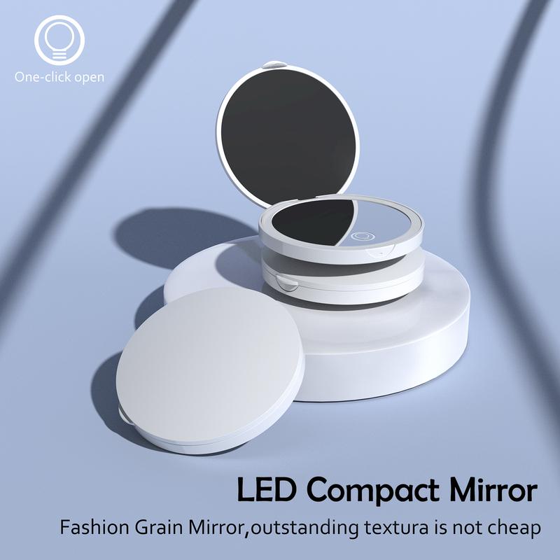 Makeup Mirror with Light, 1X 2X Magnification Circle Mirror, Brightness Adjustable LED Compact Mirror, Portable, Folding,Mini Mirror for Purse, Pocket,Travel and Gift Brightening