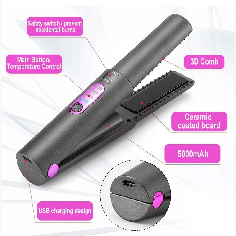 2 in 1 Hair Straightener & Curler, 1 Count Fast & Safe Hair Straightener & Curler, 3 Temperature Modes & Rechargeable Cordless Straightener and Curler, Hair Styling Tool for Home & Travel, Stocking Fillers Gift