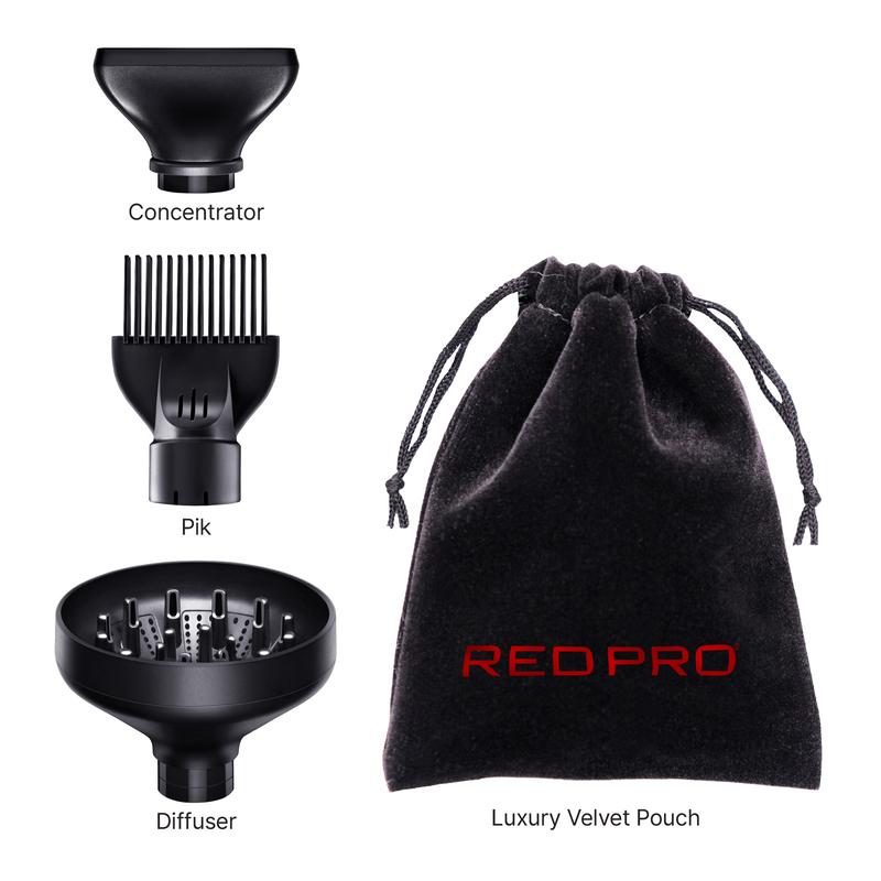 RED Pro Hair Dryer High Speed 110,000 RPM Strong Air Flow for Fast Drying, Lightweight Luxury Pouch, Magnetic Nozzle Hair Pik, Diffuser & Concentrator