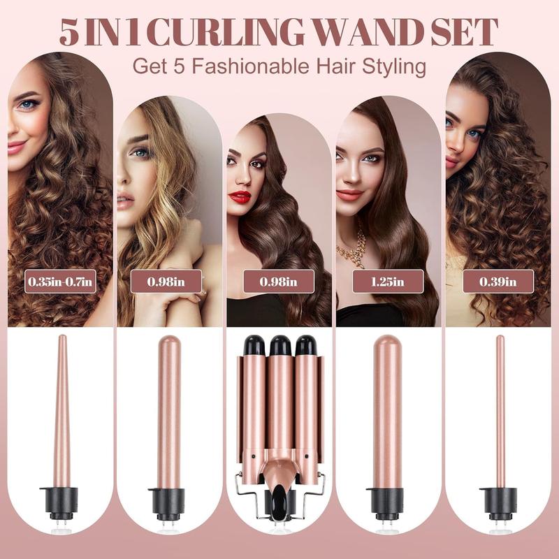 5-in-1 Curling Iron Set, Curling Wand with 3 Barrel  Crimper Iron and Interchangeable 4 Curling Irons, Dual   Waver with 2-LED Temp Control for All  Types, Glove & 2 Clips