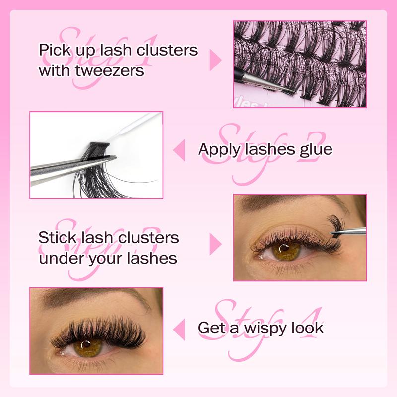 Focipeysa 3 Styles Lash Clusters Fluffy Volume Lash Extension Wispy Eyelash Clusters 70P 80P 90P Clusters Lash DIY Eyelash Extension Kit with Lash Bond and Seal Lash Applicator for Beginners D Curl Lash Extensions (D-10-18MM-02A)