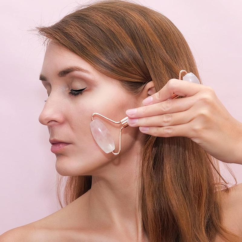 Face Massager Rose Quartz Face Roller & Gua Sha Facial Tool Set, Lymphatic Drainage Massage Tool for Self Care, Muscle Tension Relief, Skin Care Gift for Men Woman Crystal Jade