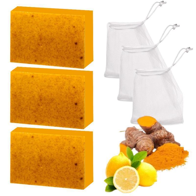 Lemon Turmeric & Kojic Acid Soap Bar, Facial and Body Cleansing, Daily Skin Cleansing Soap Bar, Suitable for Both Men and Women, Moisturizing and Mild Kojic Acid Soap Bar, Comes with Soap Bag Body Care Cleanser turmeric