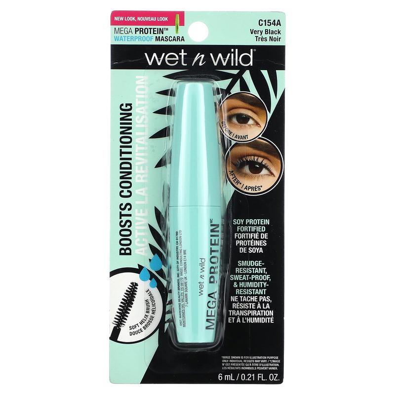 wet n wild Mega Protein Waterproof Mascara, C154A Very Black, 0.21 fl oz (6 ml)