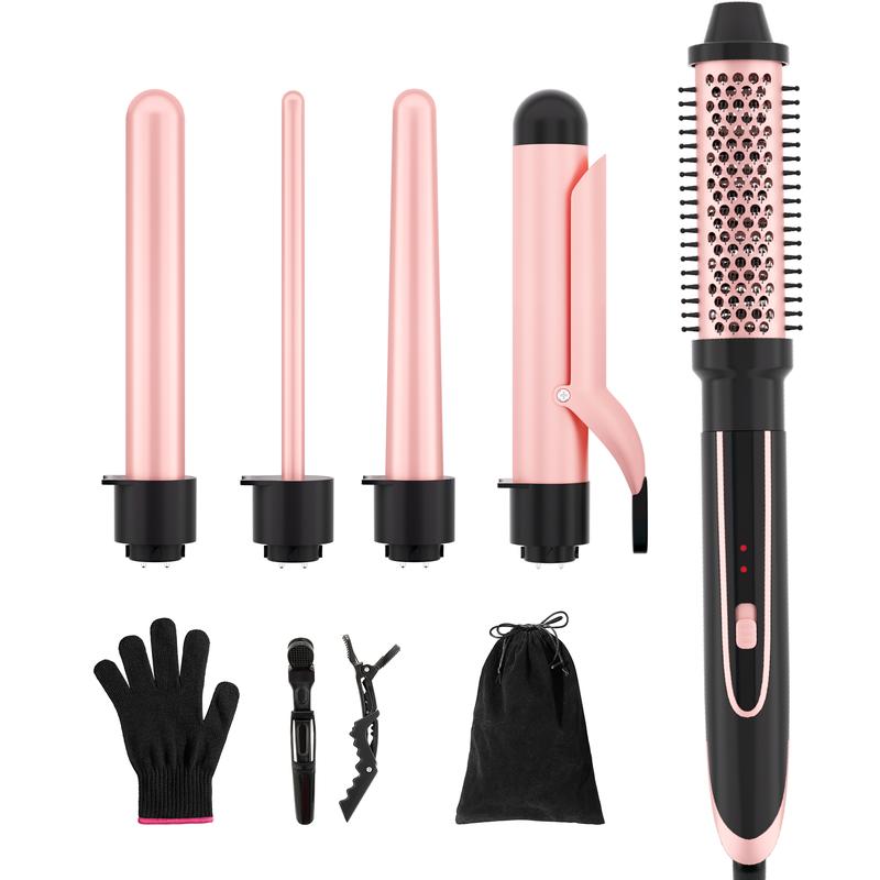 Heikki Vision 5-in-1 Curling Iron Set with Curling Brush and 4 Interchangeable Ceramic Curling Irons, Instant Heat, Includes Thermal Glove and 2 Clips (US Standard)