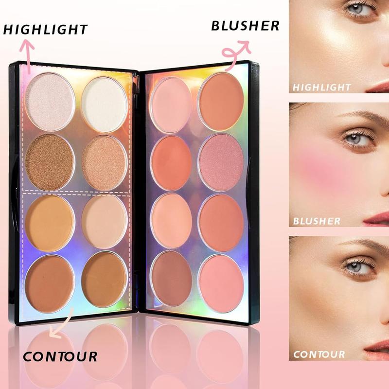 16 Colors Blush Contour Highlighter Makeup Palette - All-in-One Shimmer Silky Matte Mineral Blush Powder Palette