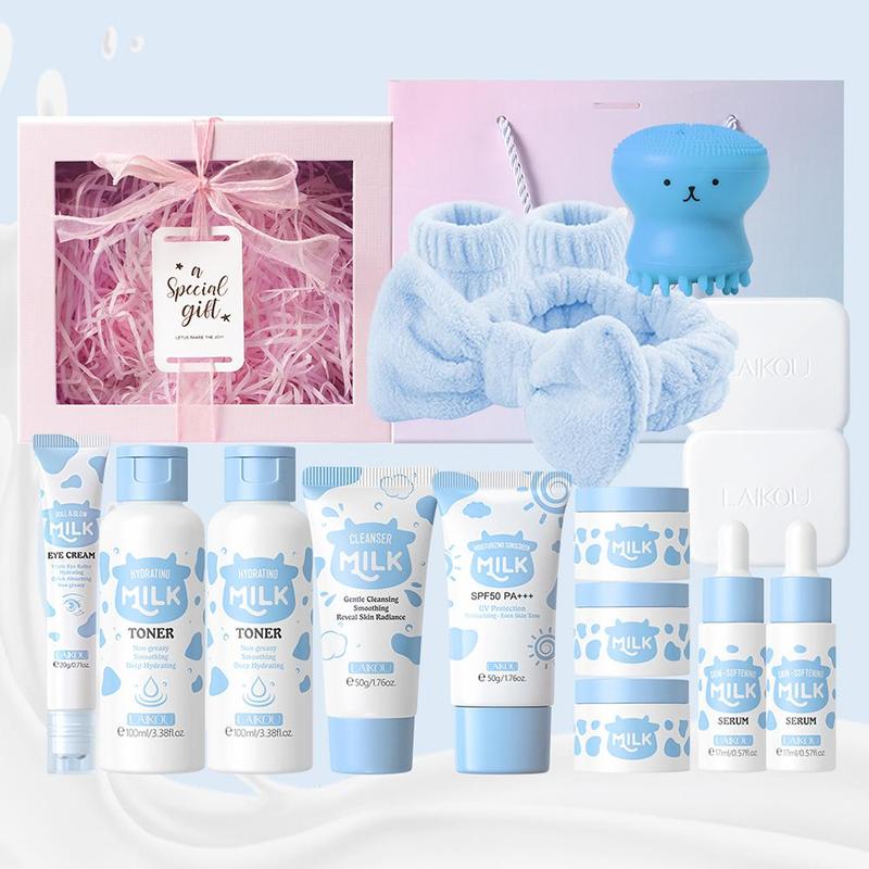 Milk Skincare Set, 1 Set Moisturizing Facial Cleanser & Eye Cream & Sunscreen & Moisturizer & Essence & Toner & Soap & Wash Tool & Brush & Gift Box