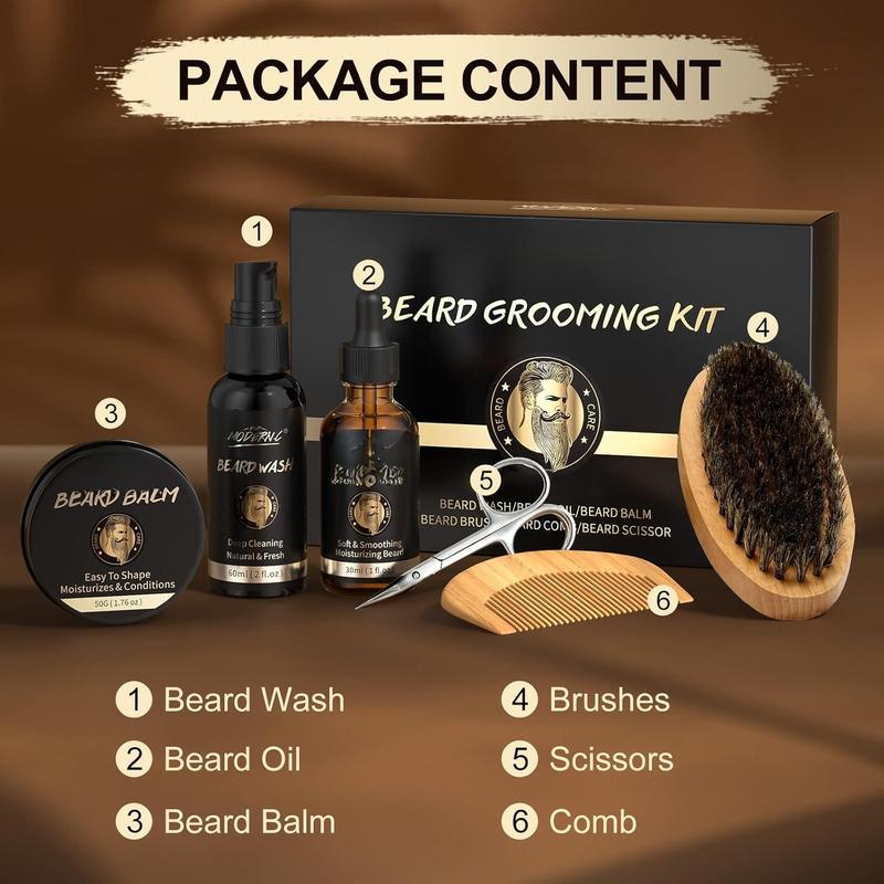 Beard Growth and  Set - 6 count Wash Shampoo, Oil, Balm, Comb, Brush,  -  Gift for Men