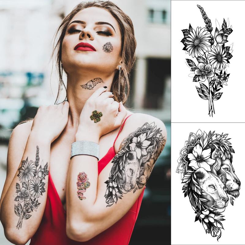 46 Sheets Full Arm Temporary Tattoo with Lion, Temporary Tattoo Sleeves for Men, Fake Tattoos Adult Realistic with Flower, Full Sleeve Tattoos for Women, Wolf Eagle & Deer