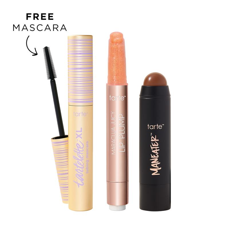 tarte maracuja juicy lip shimmer, XL tubing mascara and bronzer stick trio