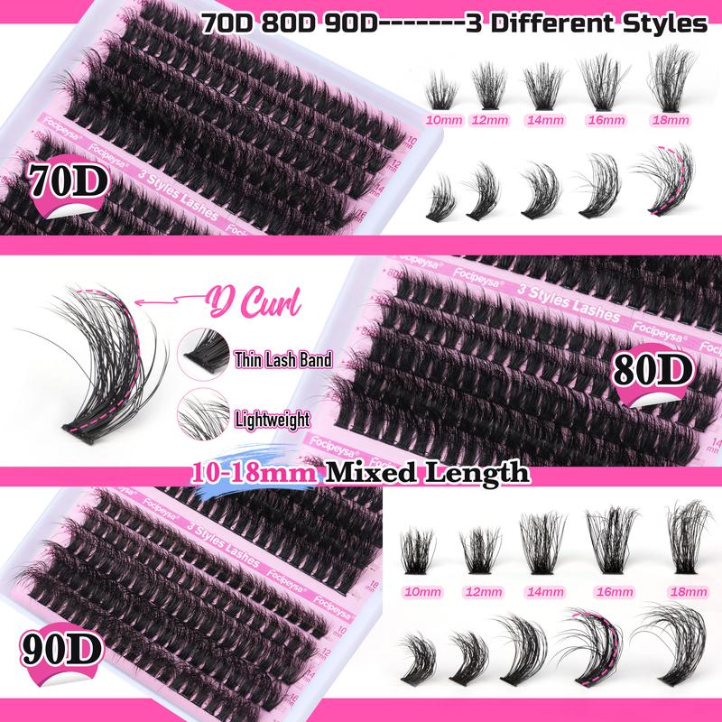 Focipeysa 3 Styles Lash Clusters Fluffy Volume Lash Extension Wispy Eyelash Clusters 70P 80P 90P Clusters Lash DIY Eyelash Extension Kit with Lash Bond and Seal Lash Applicator for Beginners D Curl Lash Extensions (D-10-18MM-02A)