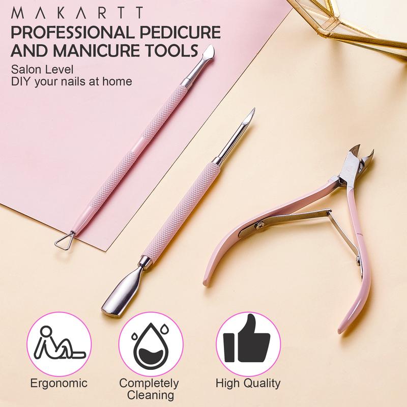 Makartt Cuticle Trimmer with Cuticle Pusher, 3 PCS Pink Nail Cuticle Nipper Professional Pedicure Manicure Tools with Stainless Steel Dual End Pusher, Nail Scraper Nail Care Nail Art