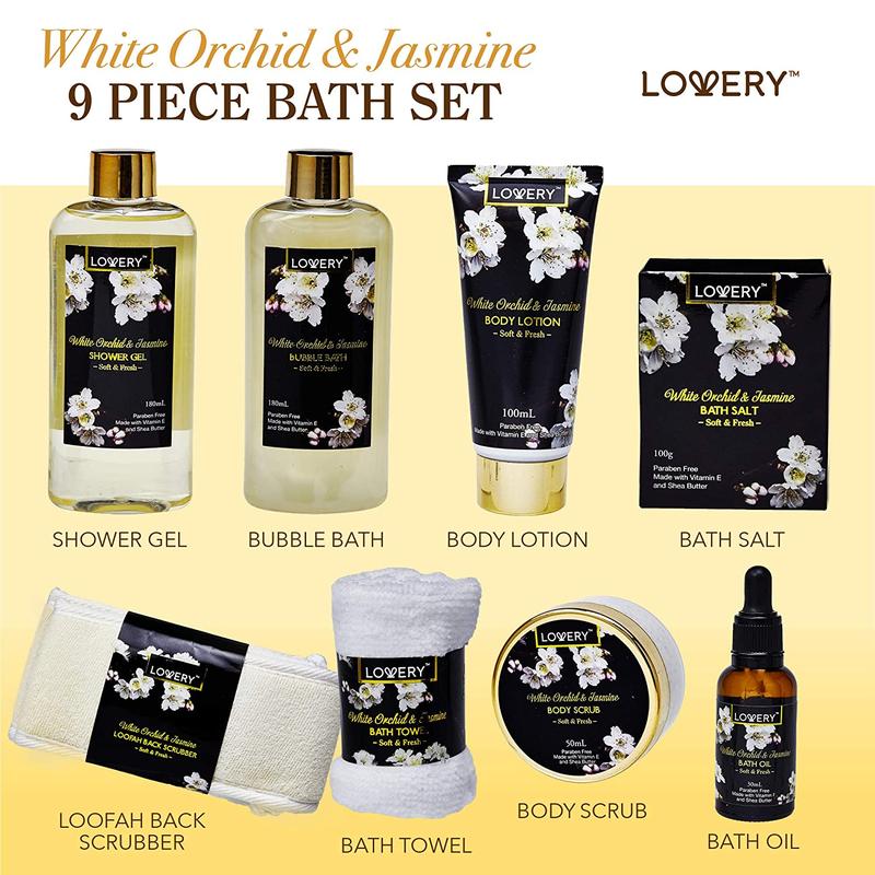 White Orchid Home Bath Set - 8Pc Gift Basket Body Care Luxury